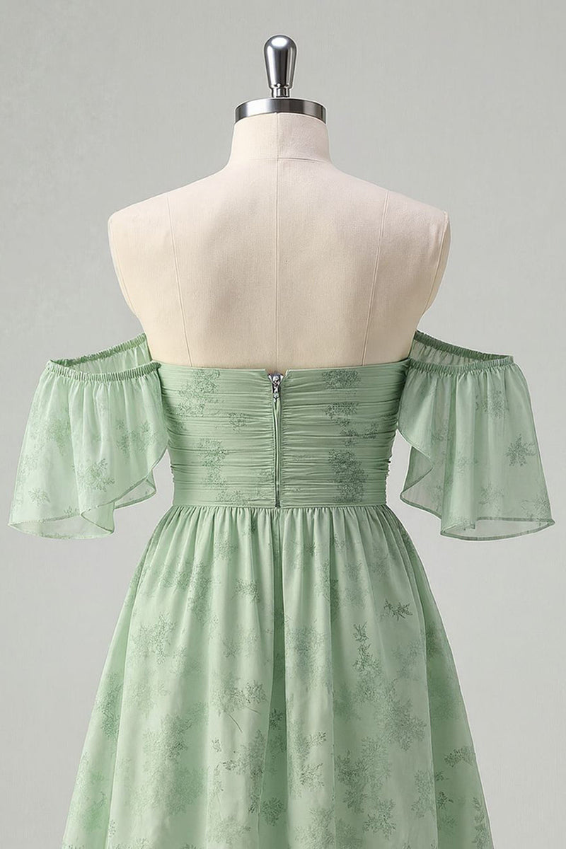 Load image into Gallery viewer, Floral Sage Green Off the Shoulder Short Homecoming Dress with Ruffles