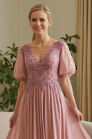 Load image into Gallery viewer, Dusty Rose A Line Chiffon Appliqued Long Mother of the Bride Dress with Sleeves