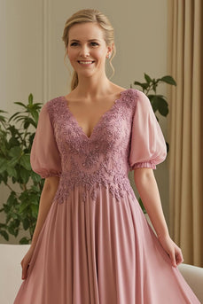 Dusty Rose A Line Chiffon Appliqued Long Mother of the Bride Dress with Sleeves