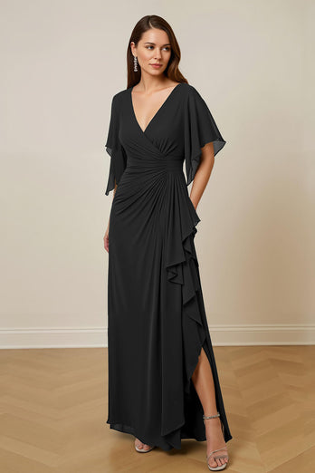 Dark Green Chiffon Sheath Ruched Long Mother of the Bride Dress with Ruffles