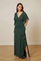 Load image into Gallery viewer, Dark Green Chiffon Sheath Ruched Long Mother of the Bride Dress with Ruffles