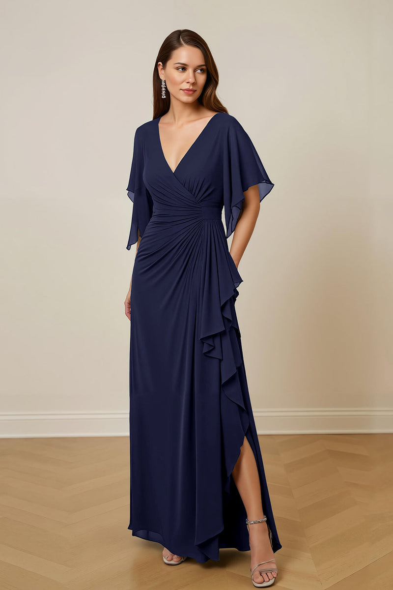 Load image into Gallery viewer, Dark Green Chiffon Sheath Ruched Long Mother of the Bride Dress with Ruffles