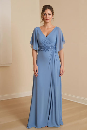 Dusty Blue Chiffon Sheath Long Mother of the Bride Dress with Ruffles