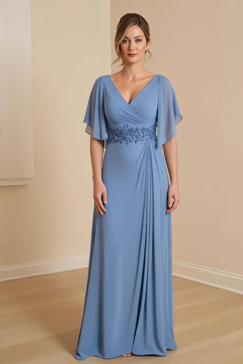 Dusty Blue Chiffon Sheath Long Mother of the Bride Dress with Ruffles