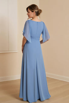 Dusty Blue Chiffon Sheath Long Mother of the Bride Dress with Ruffles
