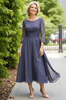 Load image into Gallery viewer, Steel Grey Chiffon A Line Boat Neck Long Mother of the Bride Dress with Sleeves