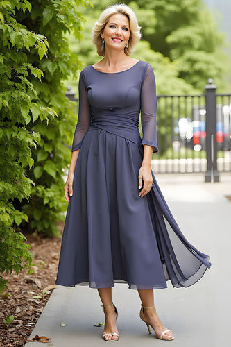 Steel Grey Chiffon A Line Boat Neck Long Mother of the Bride Dress with Sleeves