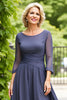 Load image into Gallery viewer, Steel Grey Chiffon A Line Boat Neck Long Mother of the Bride Dress with Sleeves