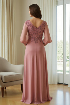Dusty Rose Appliqued Chiffon Long Mother of the Bride Dress with Sleeves