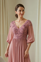 Load image into Gallery viewer, Dusty Rose Appliqued Chiffon Long Mother of the Bride Dress with Sleeves