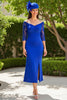 Load image into Gallery viewer, Royal Blue Satin Sheath Lace Sleeves Long Mother of the Bride Dress with Slit