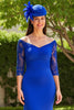Load image into Gallery viewer, Royal Blue Satin Sheath Lace Sleeves Long Mother of the Bride Dress with Slit