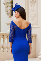 Load image into Gallery viewer, Royal Blue Satin Sheath Lace Sleeves Long Mother of the Bride Dress with Slit