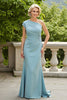 Load image into Gallery viewer, Light Blue Sheath Chiffon Ruched Long Mother of the Bride Dress with Appliques