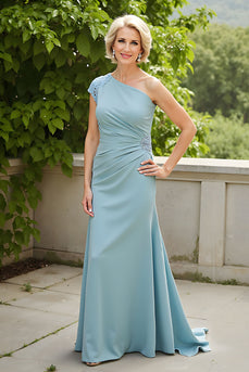 Light Blue Sheath Chiffon Ruched Long Mother of the Bride Dress with Appliques