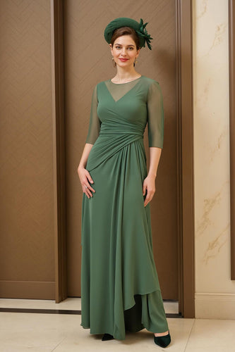 Dark Green Chiffon Sheath Ruched Long Mother of the Bride Dress with Sleeves