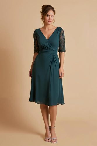 Pine Chiffon A Line Ruched Midi Mother of the Bride Dress with Lace
