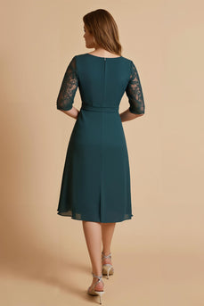 Pine Chiffon A Line Ruched Midi Mother of the Bride Dress with Lace
