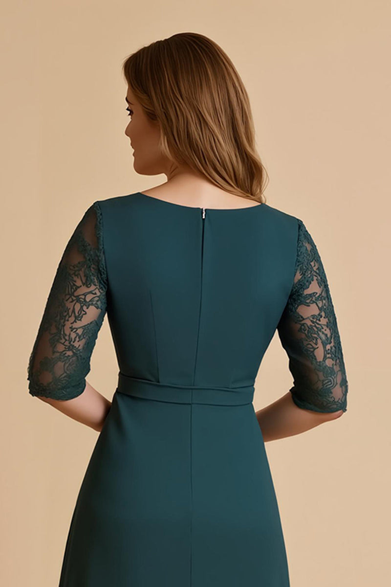 Load image into Gallery viewer, Pine Chiffon A Line Ruched Midi Mother of the Bride Dress with Lace