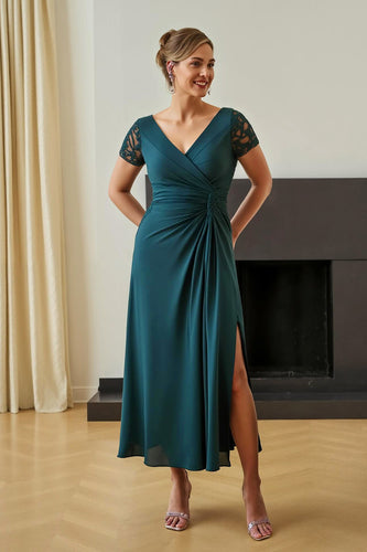 Pine Chiffon Ruched V-Neck Long Mother of the Bride Dress with Slit