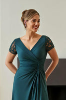 Load image into Gallery viewer, Pine Chiffon Ruched V-Neck Long Mother of the Bride Dress with Slit