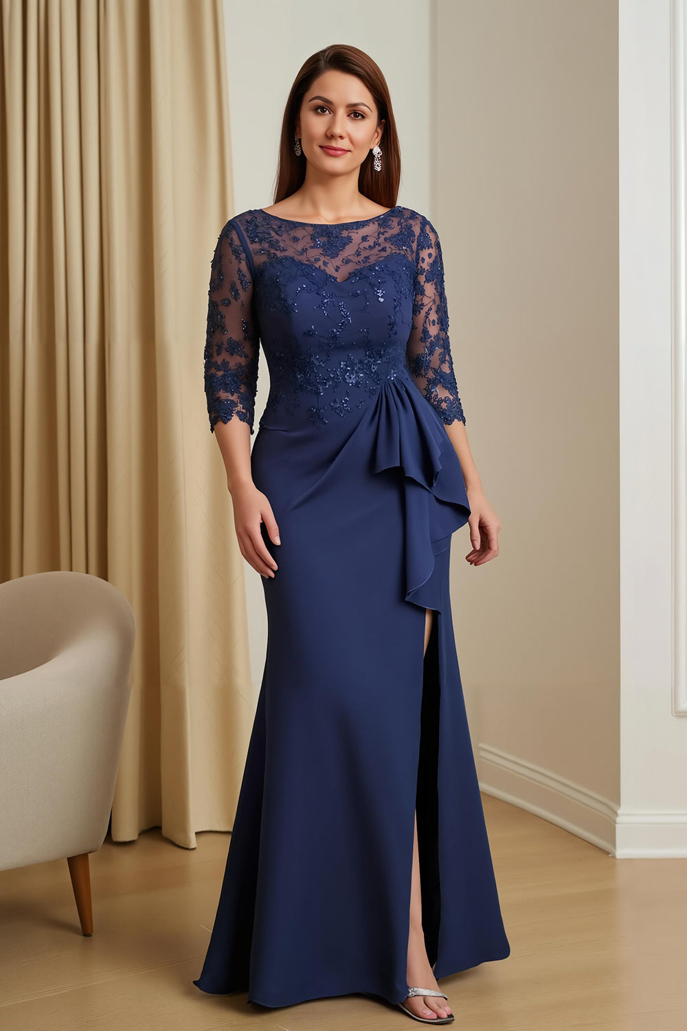 Navy Satin Mermaid Illusion Boat Neck Long Mother of the Bride Dress with Slit