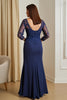 Load image into Gallery viewer, Navy Satin Mermaid Illusion Boat Neck Long Mother of the Bride Dress with Slit