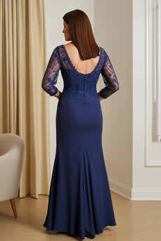 Navy Satin Mermaid Illusion Boat Neck Long Mother of the Bride Dress with Slit