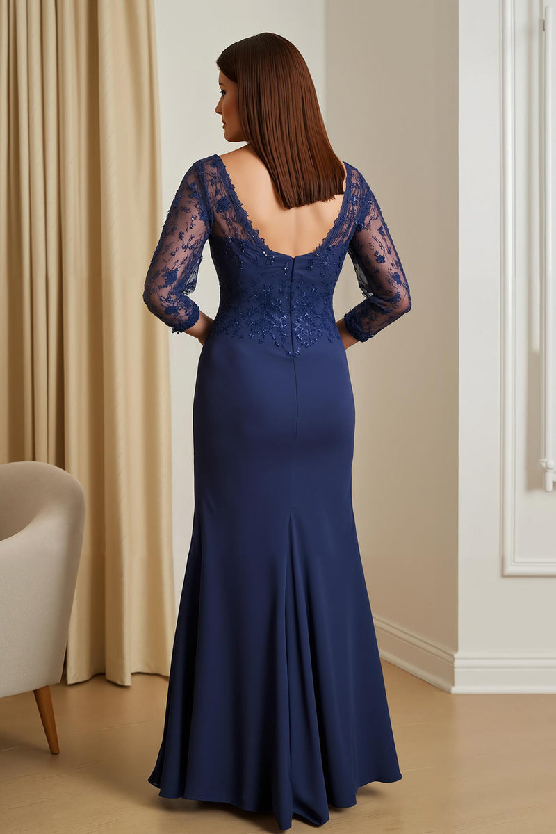 Load image into Gallery viewer, Navy Satin Mermaid Illusion Boat Neck Long Mother of the Bride Dress with Slit