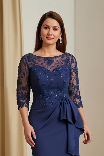 Navy Satin Mermaid Illusion Boat Neck Long Mother of the Bride Dress with Slit