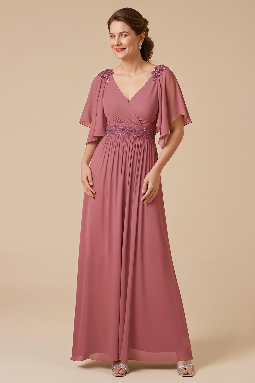 Desert Rose Chiffon A Line Long Mother of the Bride Dress with Appliques