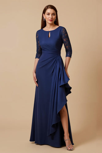 Navy Sheath Chiffon Ruched Lace Sleeves Long Mother of the Bride Dress