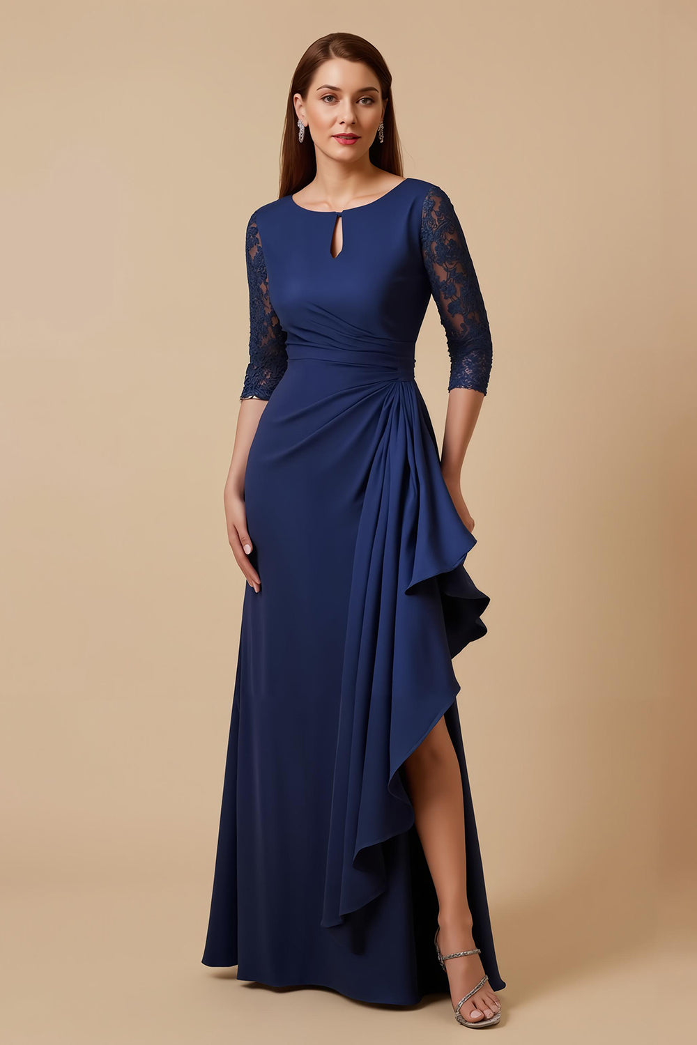Navy Sheath Chiffon Ruched Lace Sleeves Long Mother of the Bride Dress