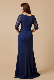 Navy Sheath Chiffon Ruched Lace Sleeves Long Mother of the Bride Dress