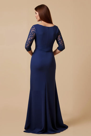 Navy Sheath Chiffon Ruched Lace Sleeves Long Mother of the Bride Dress