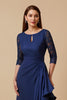 Load image into Gallery viewer, Navy Sheath Chiffon Ruched Lace Sleeves Long Mother of the Bride Dress