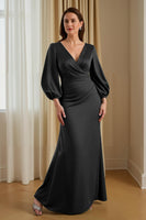 Load image into Gallery viewer, Pine Satin Mermaid V-Neck Long Mother of the Bride Dress with Sleeves