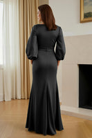 Load image into Gallery viewer, Pine Satin Mermaid V-Neck Long Mother of the Bride Dress with Sleeves