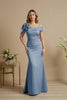 Load image into Gallery viewer, Dusty Blue Satin Mermaid Ruched Long Mother of the Bride Dress with Bow