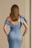 Load image into Gallery viewer, Dusty Blue Satin Mermaid Ruched Long Mother of the Bride Dress with Bow