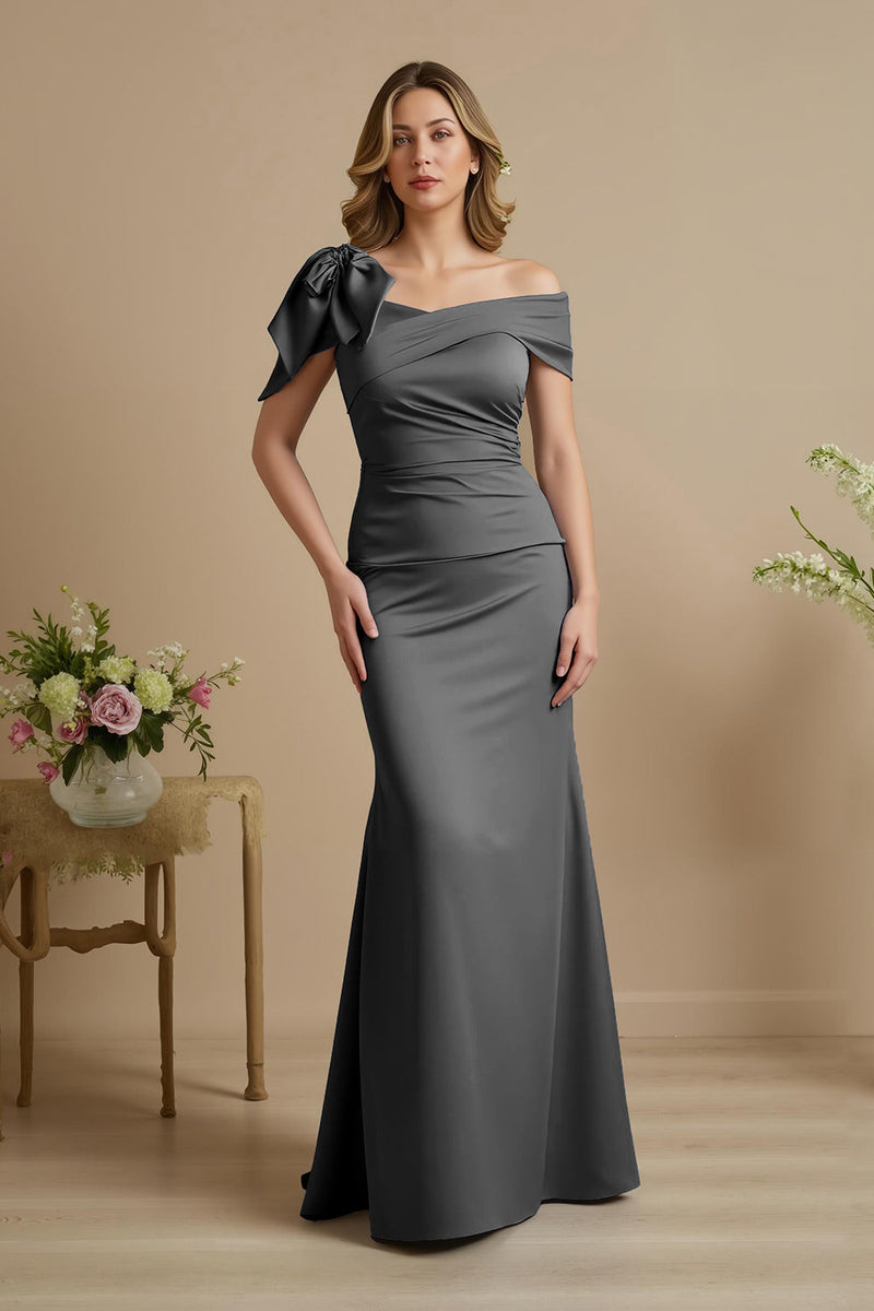 Load image into Gallery viewer, Dusty Blue Satin Mermaid Ruched Long Mother of the Bride Dress with Bow
