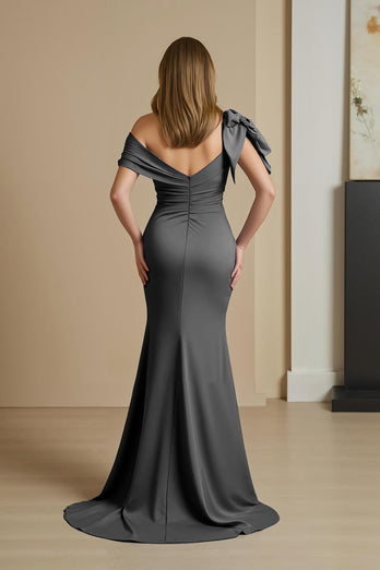 Dusty Blue Satin Mermaid Ruched Long Mother of the Bride Dress with Bow
