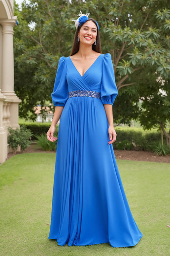Blue A Line Chiffon V-Neck Long Mother of the Bride Dress with Beading