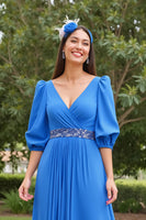 Load image into Gallery viewer, Blue A Line Chiffon V-Neck Long Mother of the Bride Dress with Beading