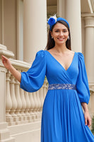 Load image into Gallery viewer, Blue A Line Chiffon V-Neck Long Mother of the Bride Dress with Beading