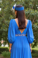 Load image into Gallery viewer, Blue A Line Chiffon V-Neck Long Mother of the Bride Dress with Beading