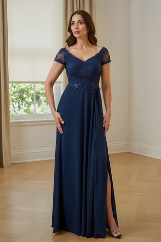 Navy Chiffon A Line Appliqued Long Mother of the Bride Dress with Slit