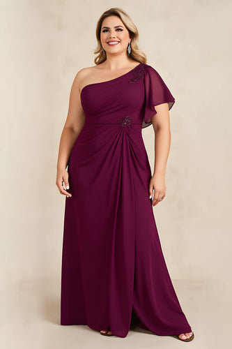 Burgundy Chiffon One Shoulder Ruched Plus Size Long Mother of the Bride Dress
