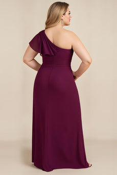 Burgundy Chiffon One Shoulder Ruched Plus Size Long Mother of the Bride Dress