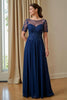 Load image into Gallery viewer, Navy Chiffon Illusion Boat Neck Long Mother of the Bride Dress with Sleeves